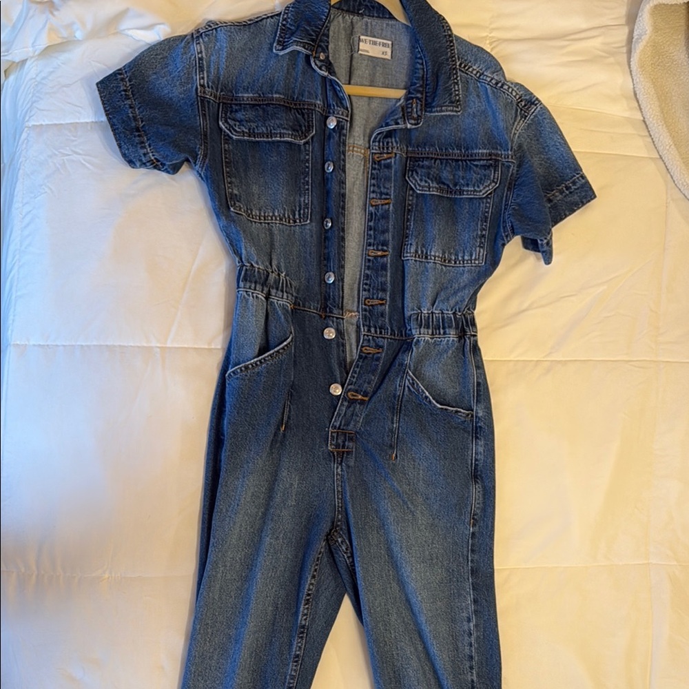Free People Blue Straight Leg Denim Jumpsuit